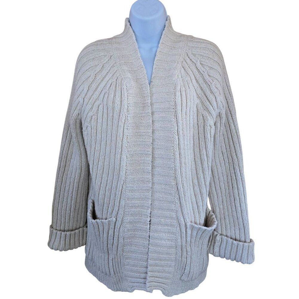 Free People Oversized Beige Ribbed heavy weight Knit Cardigan Sweater fishermen